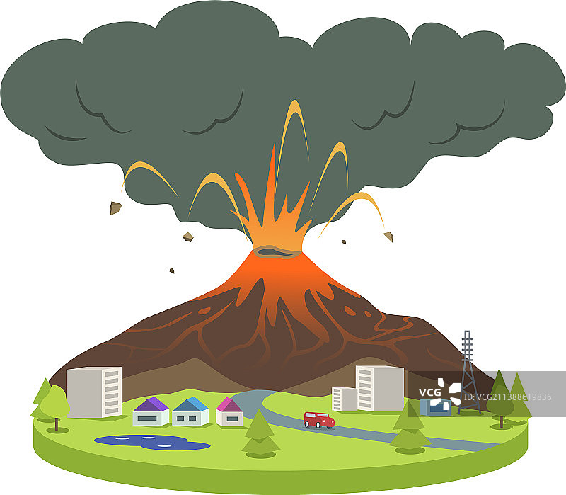 小城市火山喷发卡通图片素材