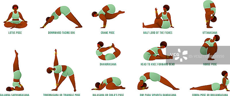 瑜伽姿势扁平化设计：非裔美国人深色皮肤图片素材