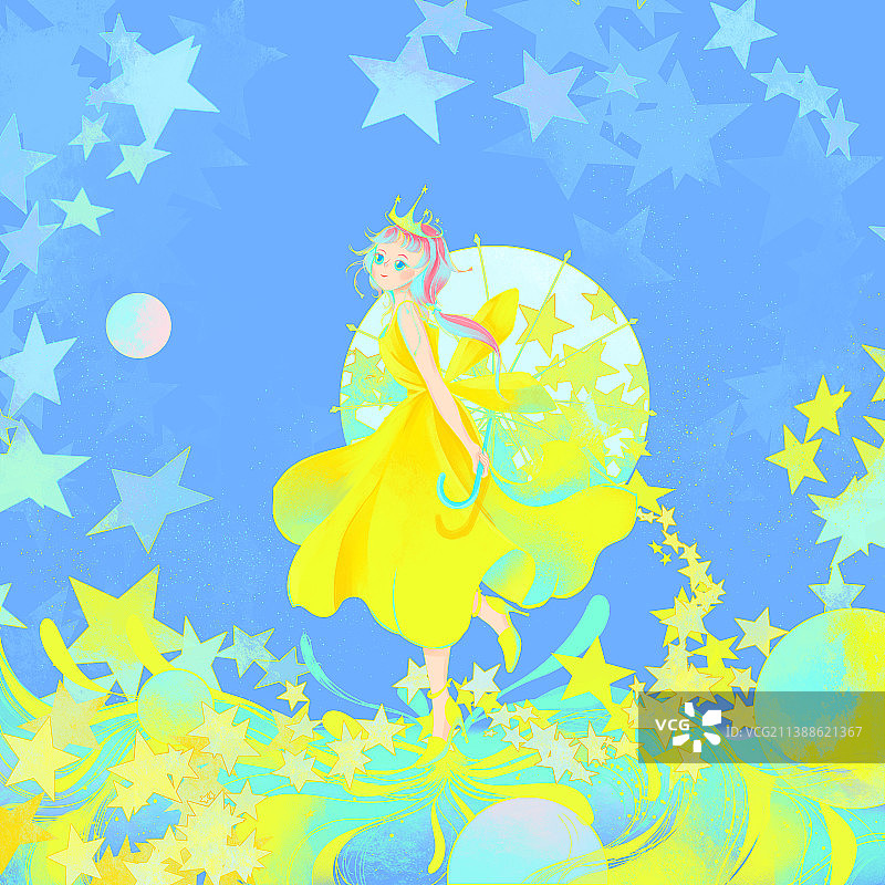 夏天星星少女王冠雨伞青春星球幻想插画图片素材