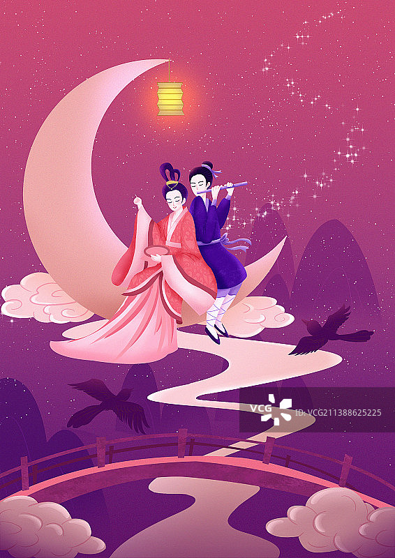 牛郎织女七夕情人节浪漫相会鹊桥插画海报图片素材