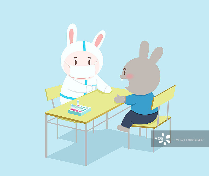 扁平风卡通可爱兔子兔年做核酸检测新冠肺炎预防宣传插画图片素材
