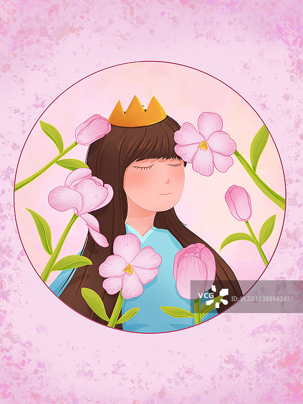 戴皇冠的长发女生闭着眼睛闻着花朵的香味图片素材