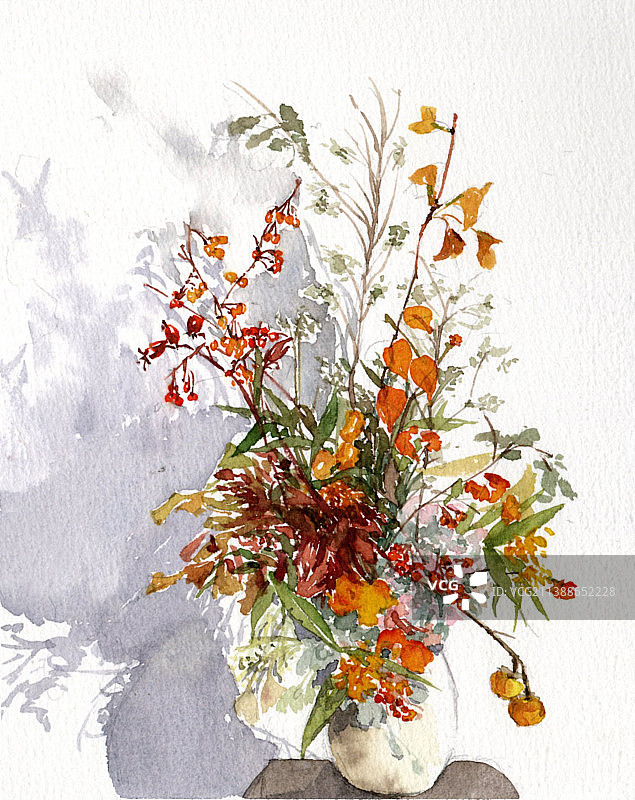 花瓶插花柿子南天竹陶瓷罐水彩手绘图片素材