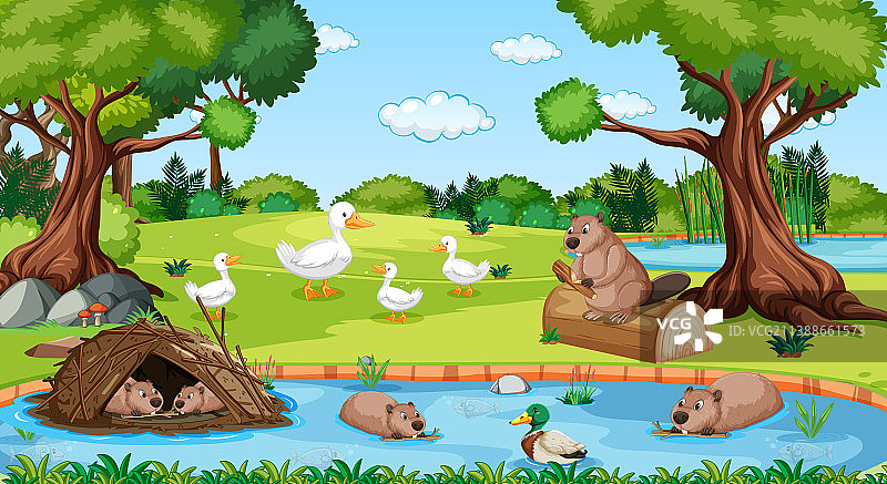 森林场景中的河流与野生动物图片素材