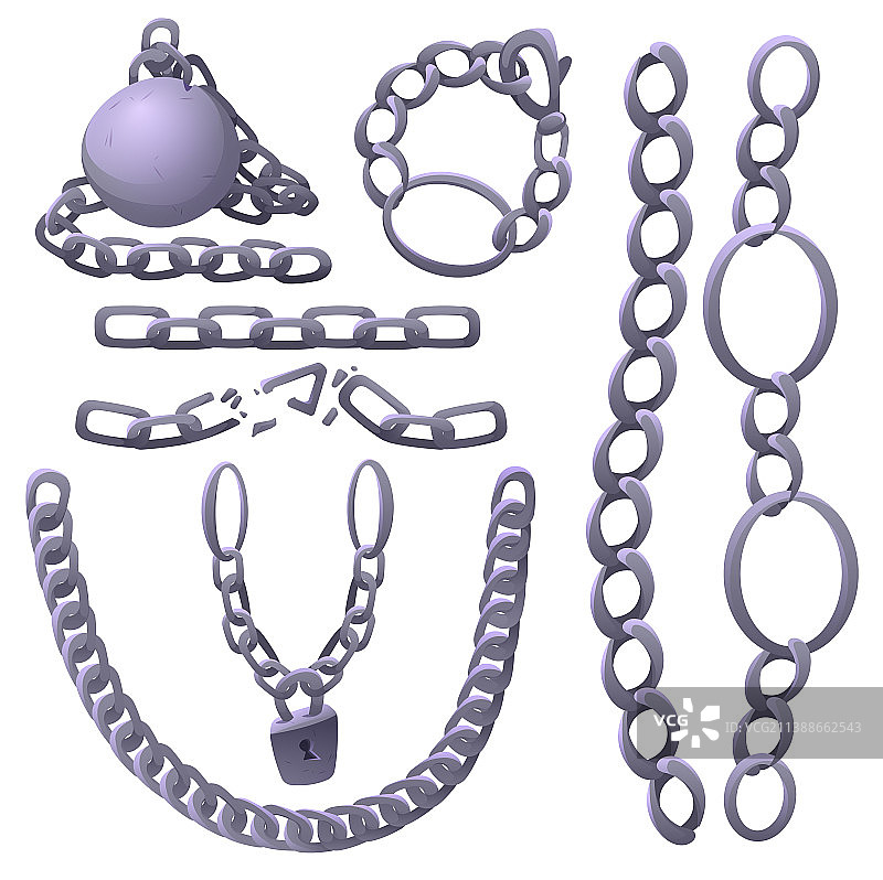 金属链条与完整和断裂的链环及锁图片素材