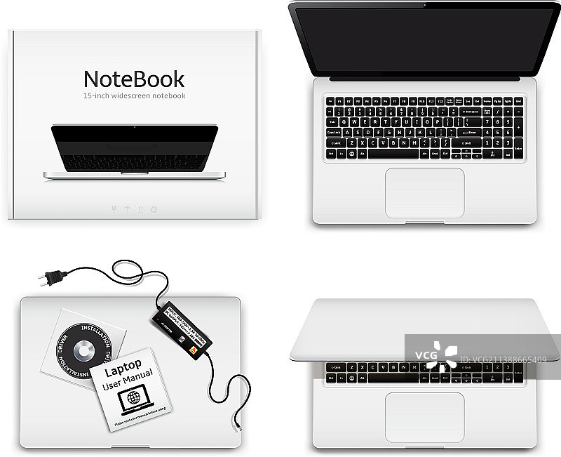 新笔记本电脑和纸板箱俯视图图片素材