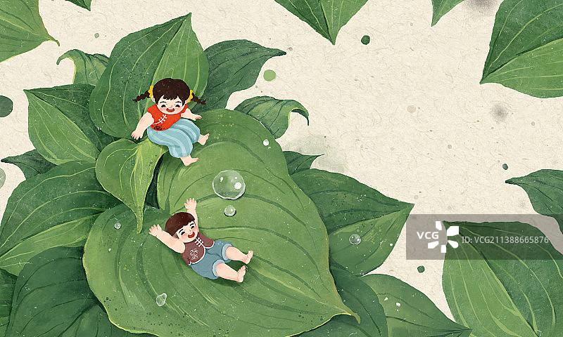 夏天插画嬉戏的孩子和叶子 蜗牛图片素材
