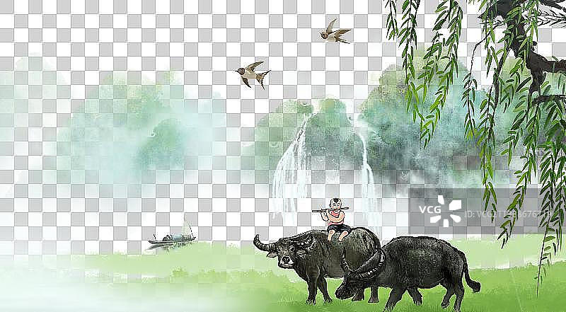 中国风写意放牛娃风景节气背景插画图片素材