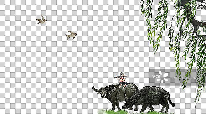 中国风写意放牛娃风景节气背景插画图片素材
