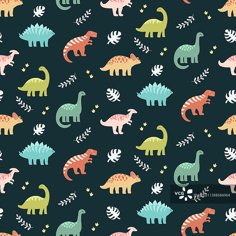 深色背景上的恐龙和树叶无缝图案图片素材