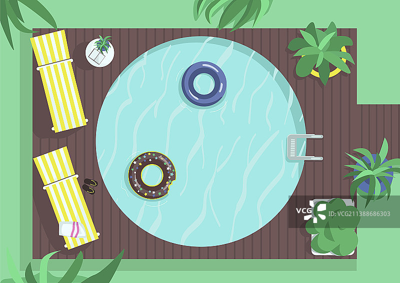 俯视：圆形泳池与木地板图片素材