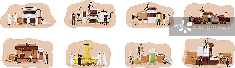 咖啡文化扁平概念组合：咖啡壶，抹茶图片素材