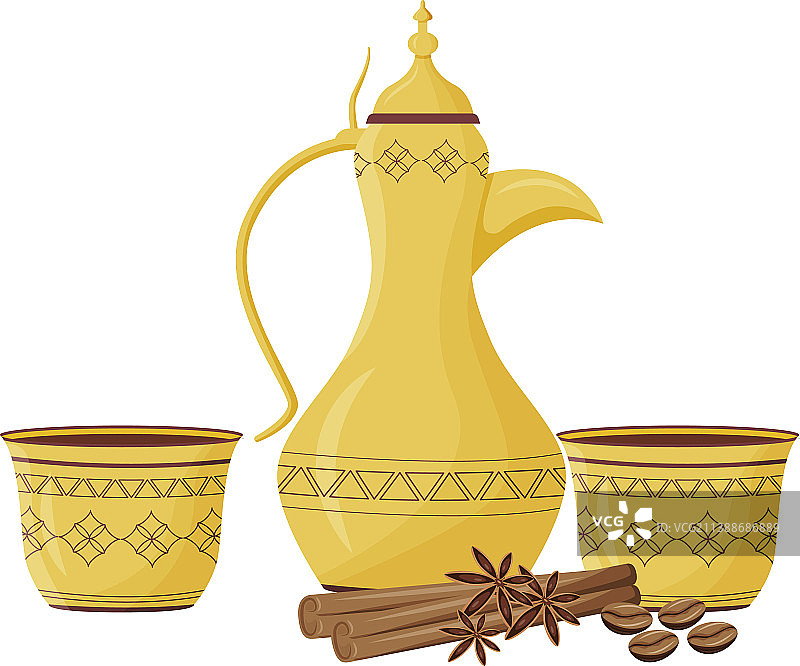 金色阿拉伯咖啡壶卡通东方咖啡仪式图片素材