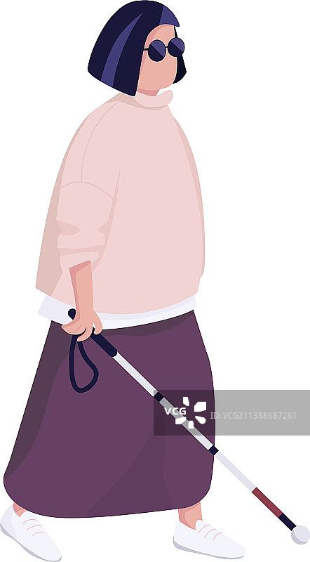 盲人妇女与手杖扁平颜色图片素材