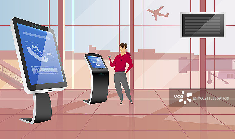 快乐的男人使用银行终端扁平颜色旅游图片素材