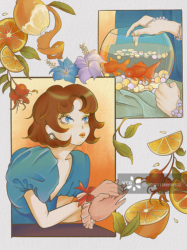 手绘复古分镜夏天少女时尚插画图片素材