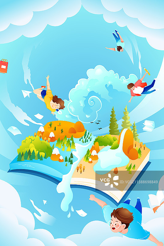 卡通学生教育儿童教育少儿读物新学期毕业季放飞自我飞翔暑期夏季夏天电商促销商务商业渐变矢量插画图片素材