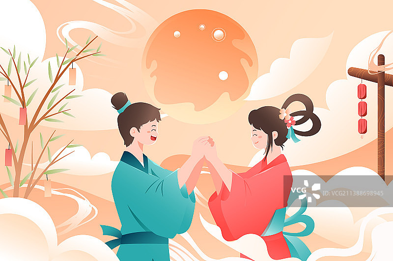卡通七夕节牛郎织女乞巧节鹊桥相会传统节日习俗古人出游约会伴侣电商购物节情侣情人节中国风国潮矢量插画图片素材