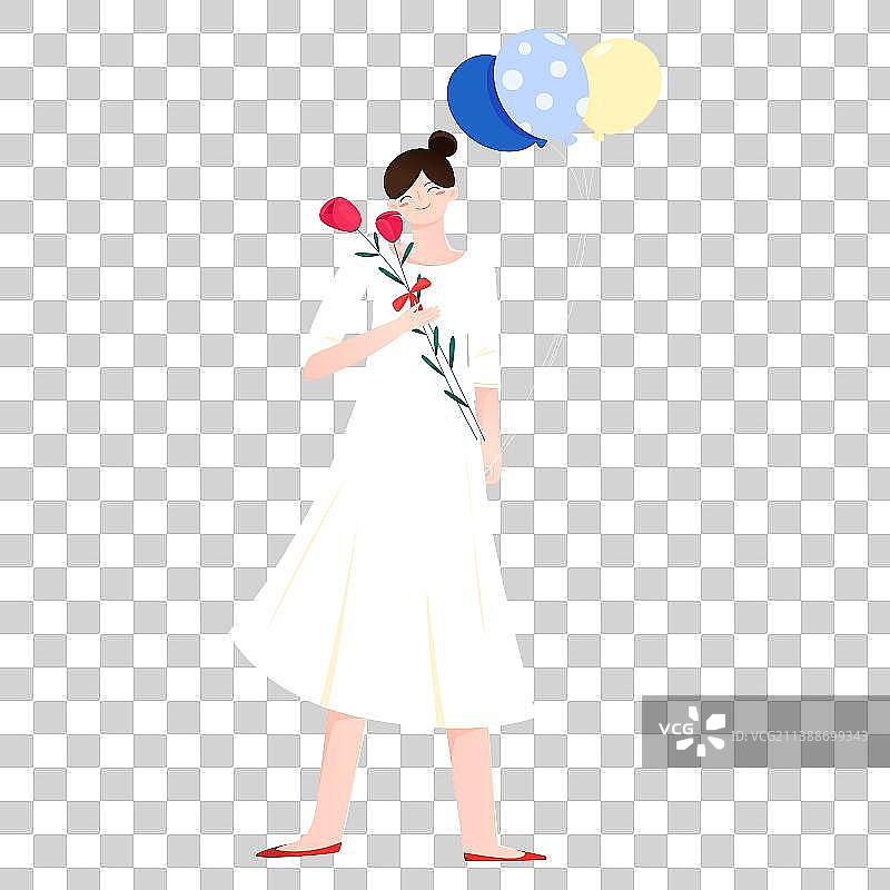 女孩拿着花和气球矢量人物插画元素图片素材