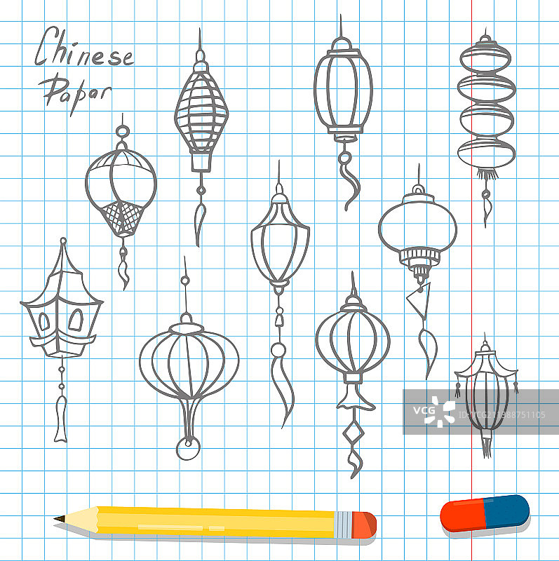 中国纸灯笼扁平涂鸦集图片素材