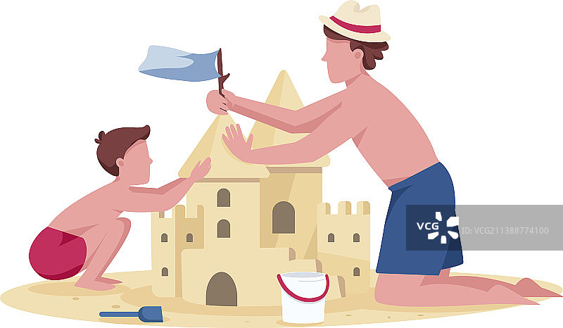 父子堆沙堡扁平色图片素材