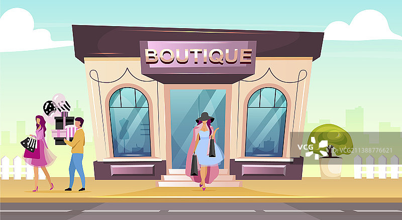 精品店正面扁平风格女性购物图片素材