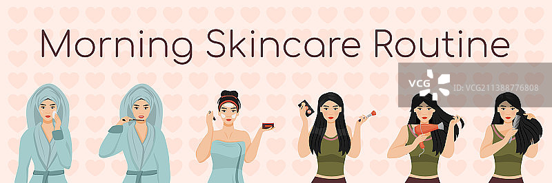 女性早晨护肤程序扁平风格图片素材