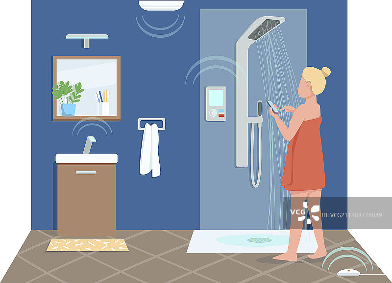 智能浴室中的女孩扁平风格无脸设计图片素材