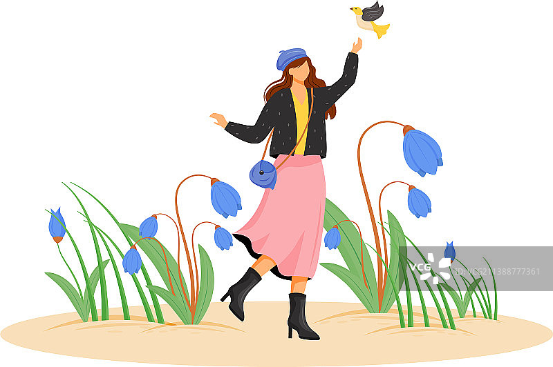 穿着外套的快乐女人扁平概念图片素材