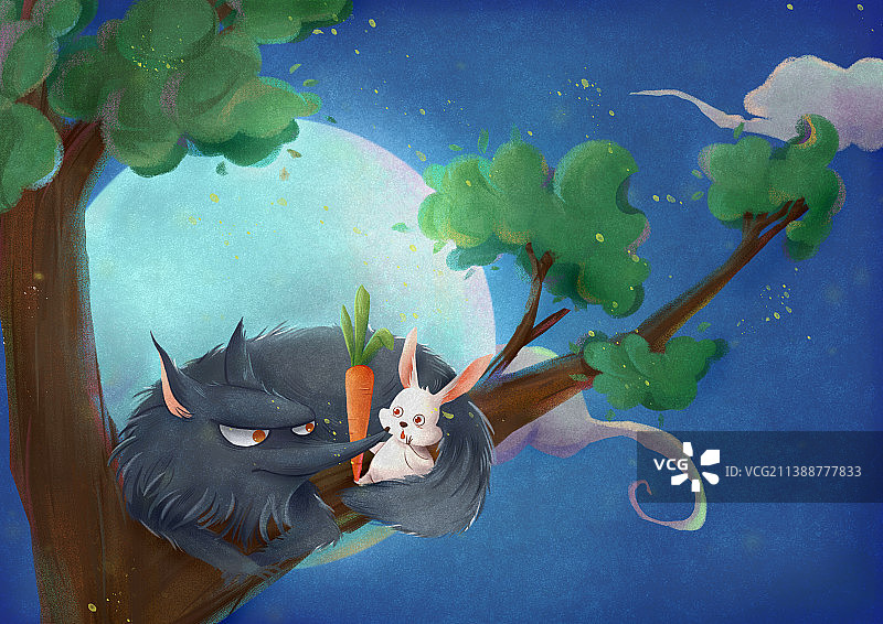 狼与兔子卡通风治愈系绘本插画图片素材