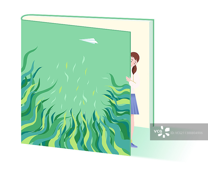 扁平风女生与图书书本创意想象力知识插画图片素材