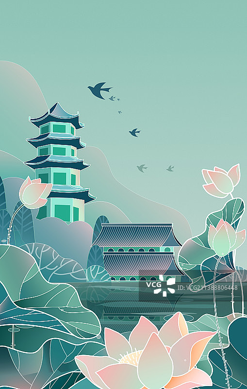 小镇荷花池图片素材