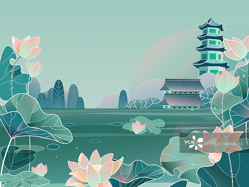小镇荷花池图片素材
