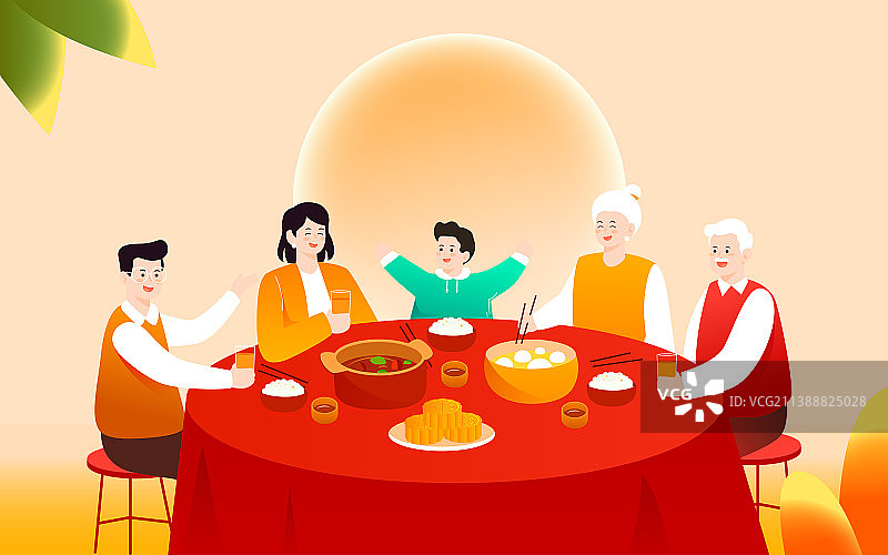 中秋节家人团圆朋友吃饭聚餐美食促销插画图片素材