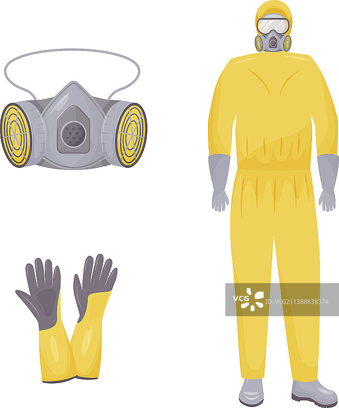 防护服、呼吸器和手套扁平风格图片素材