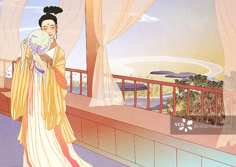 中国国风国潮新中式古风汉服少女人物风景插画图片素材