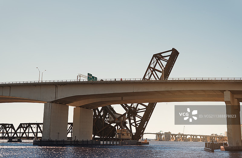 美国佛罗里达州杰克逊维尔市，高速公路桥梁和铁路横跨河流图片素材