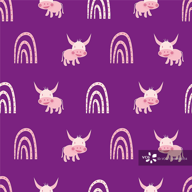 虚线彩虹和可爱牛无缝图案图片素材