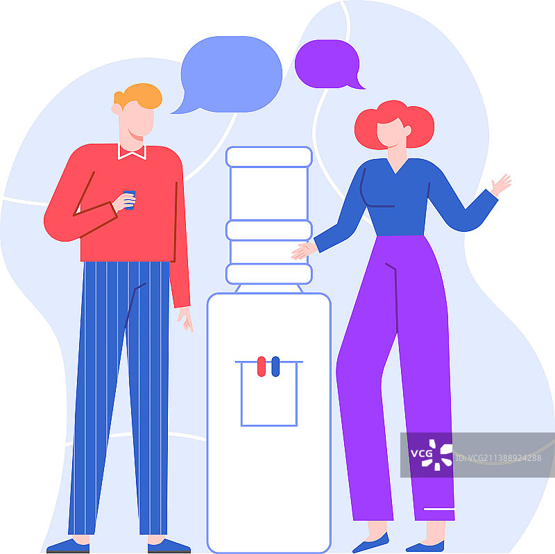 同事在休息时站在饮水机旁图片素材