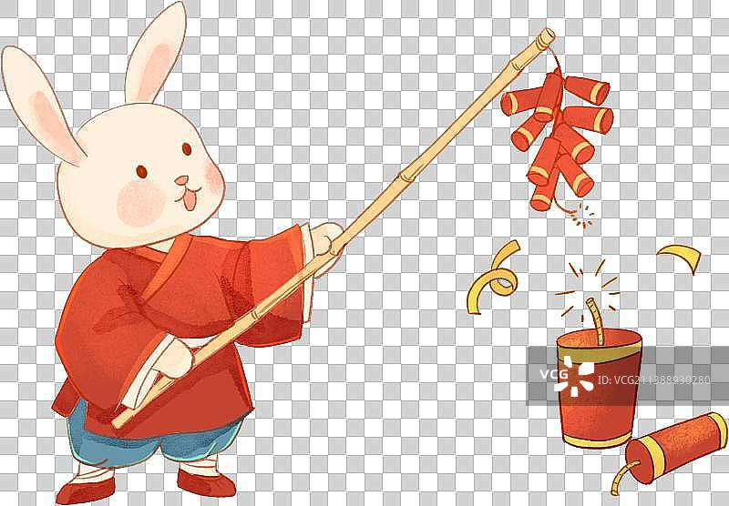 兔年春节放鞭炮的兔子喜庆国潮插画图片素材
