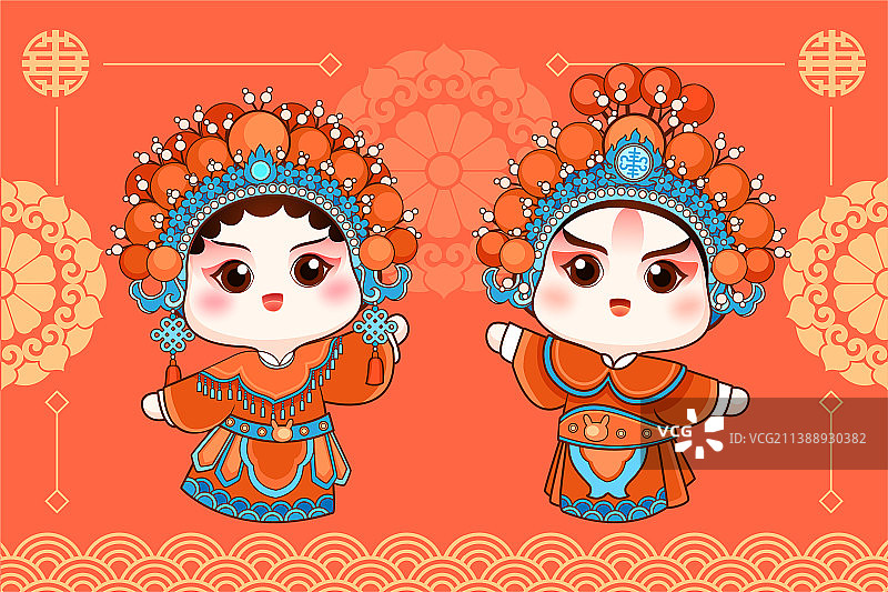 中国传统文化戏剧花旦武生红色喜庆插画图片素材