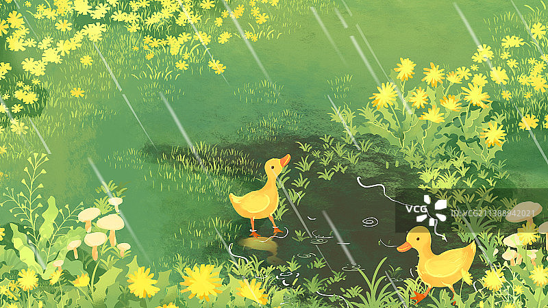 四月草地花丛春雨水洼小黄鸭系列插画图片素材