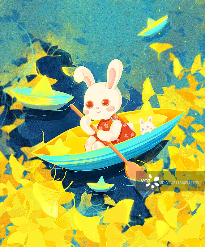 兔年十一月银杏叶湖面小舟小兔子系列插画图片素材