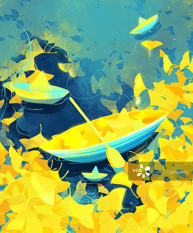 十一月金色银杏叶小舟湖面纸船系列插画图片素材