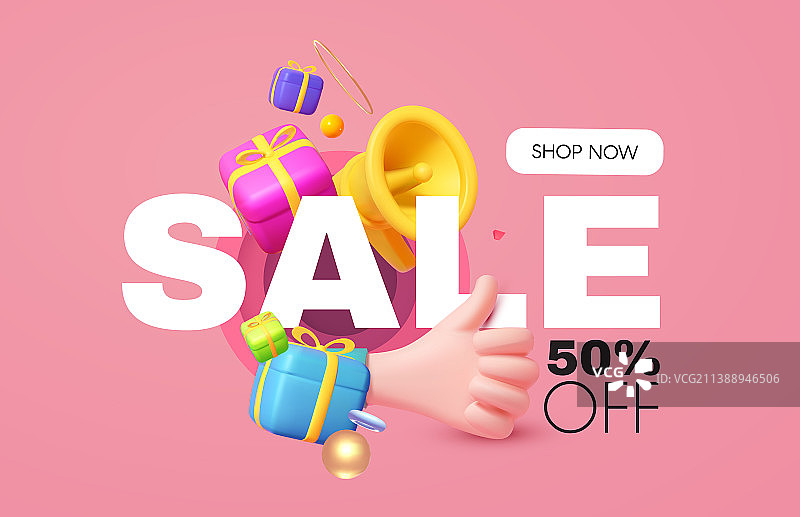 带有扩音器点赞手的3D金色促销设计图片素材