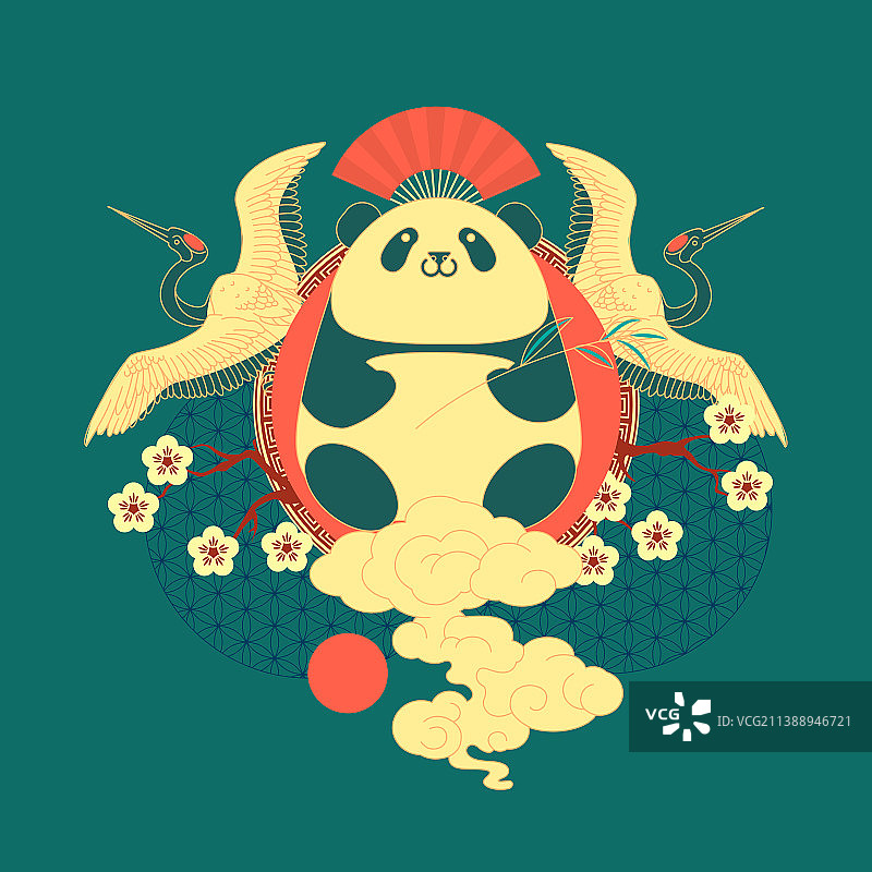 中国、熊猫与飞翔的仙鹤图片素材