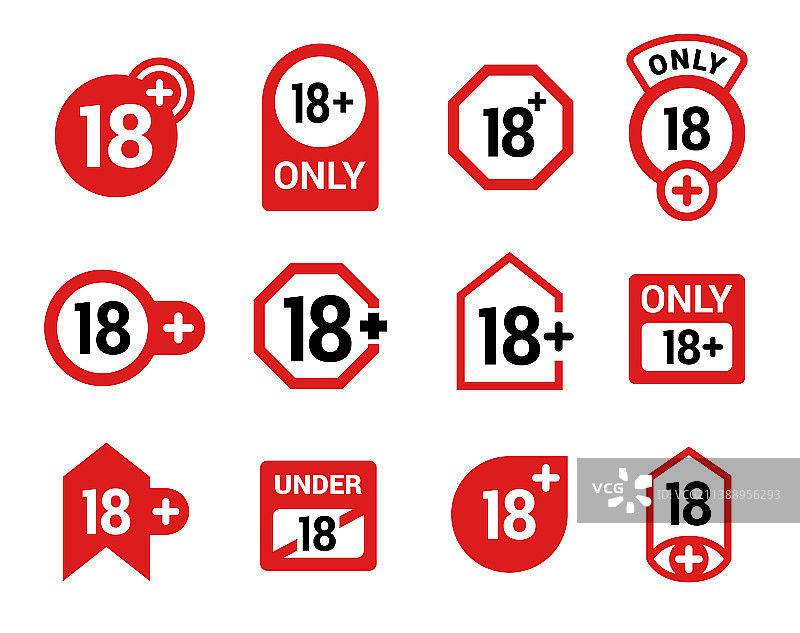 十八岁以上不同形状的红色标志合集图片素材