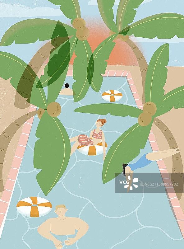 夏日泳池扁平风温馨插画图片素材