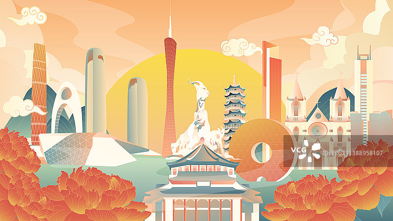 广州国庆中秋古代现代地标建筑群矢量插画图片素材