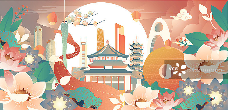 广州国庆中秋古代现代地标建筑群矢量插画图片素材